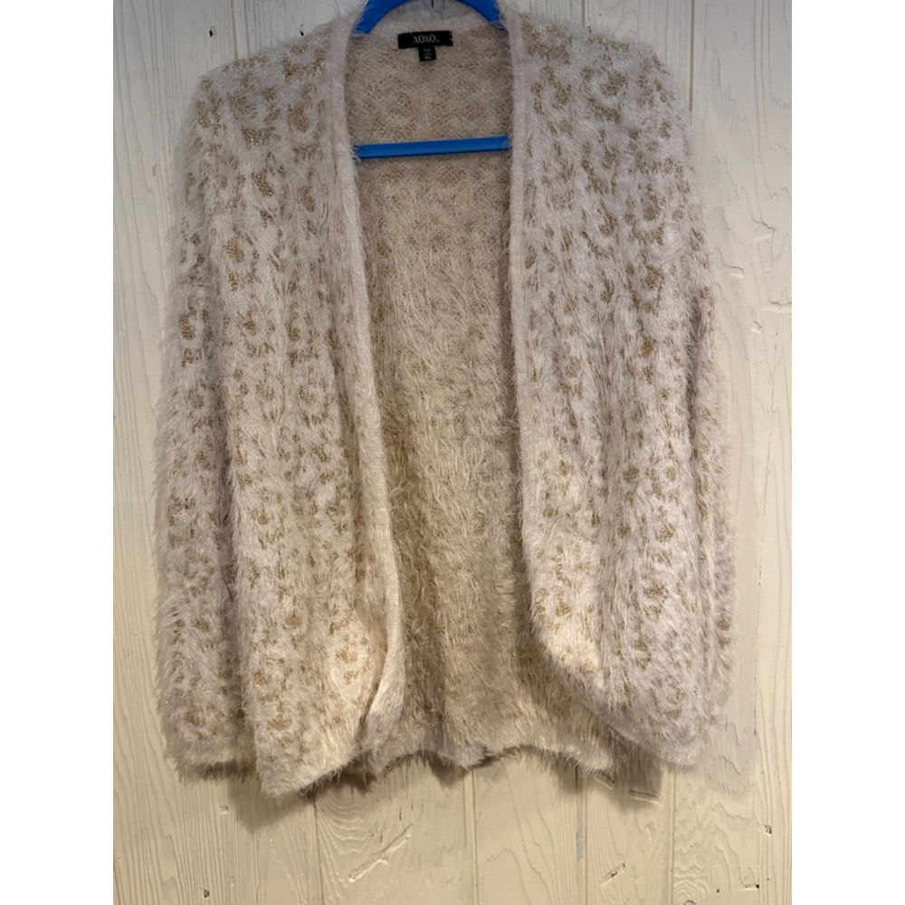 Women's XOXO Beige Gold Leopard Print Fuzzy Cardigan XL